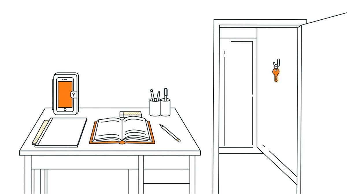 勉強机の上のスマホを入れたケースと、隣の部屋の壁に掛けた鍵のフラットイラスト