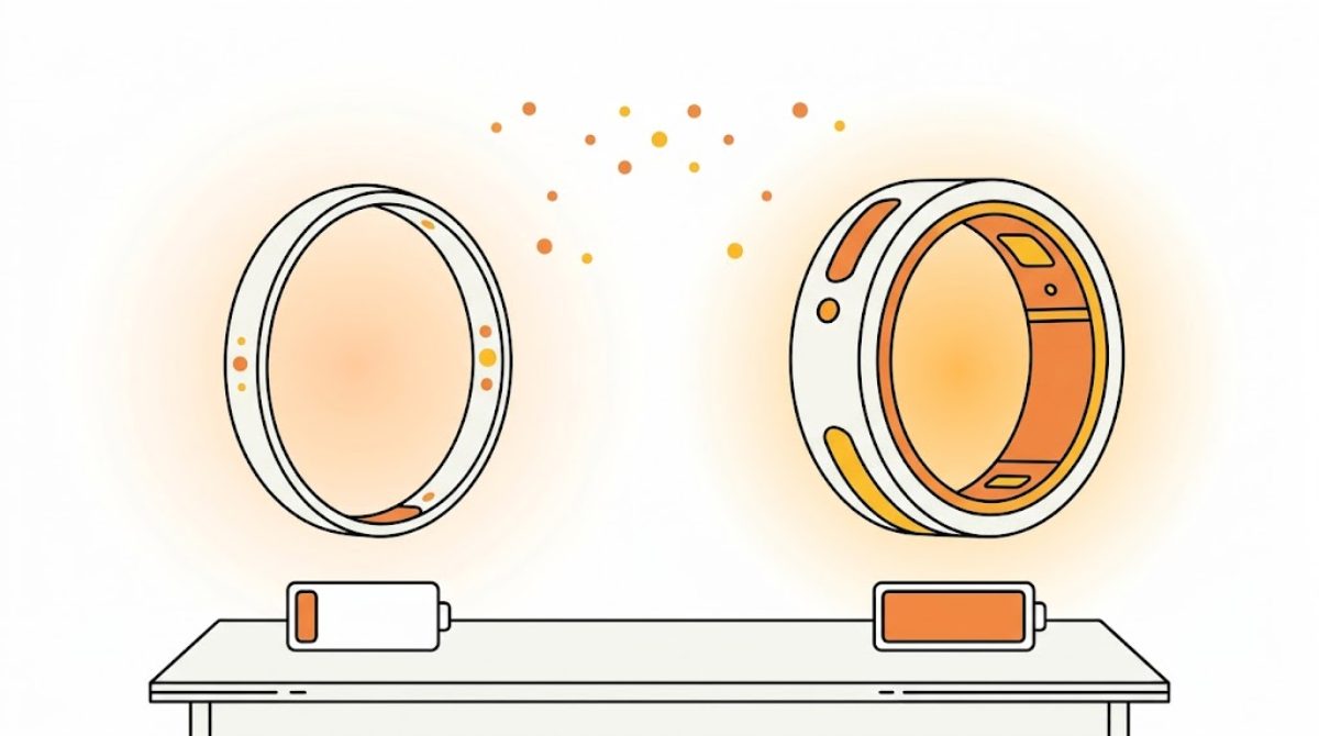 太さの違う2つのスマートリングと、充電の間隔を表すカレンダーを並べたフラットイラスト