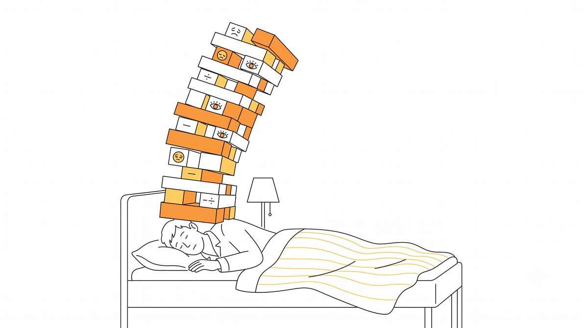 眠る人の頭の上に、寝不足を表す小さなブロックが借金の塔のように積み上がっていくイラスト