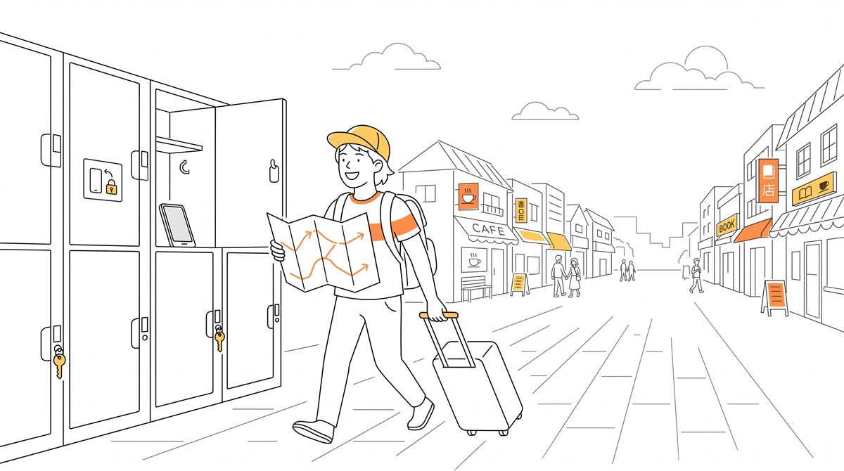 スマホをロッカーに預けて、紙の地図を手に街を歩き出す旅行者のイラスト