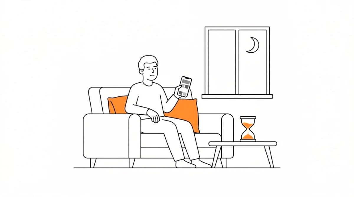 白黒の画面のスマホと、色のついた画面のスマホが並び、そばに砂時計が描かれたフラットイラスト