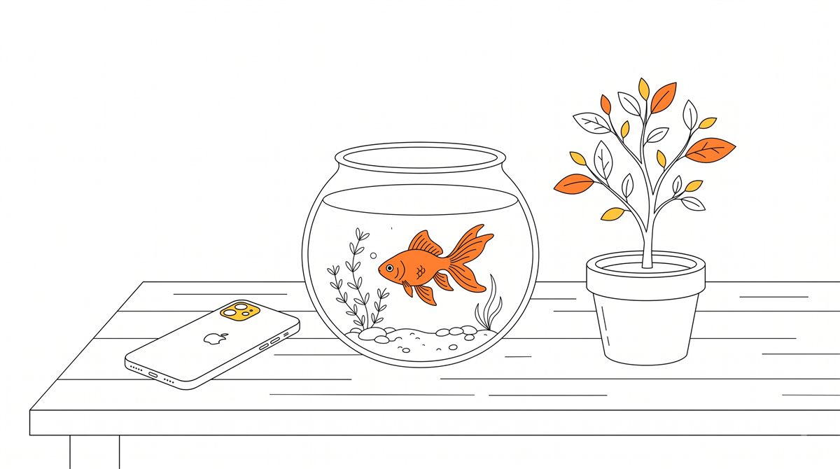 伏せたスマホの横で、金魚鉢の魚と小さな観葉植物がすくすく育っているイラスト