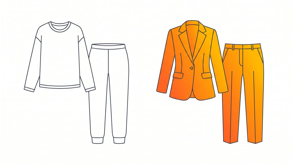 ハンガーに掛かったスーツジャケットと、たたまれた室内着を左右に並べたフラットイラスト