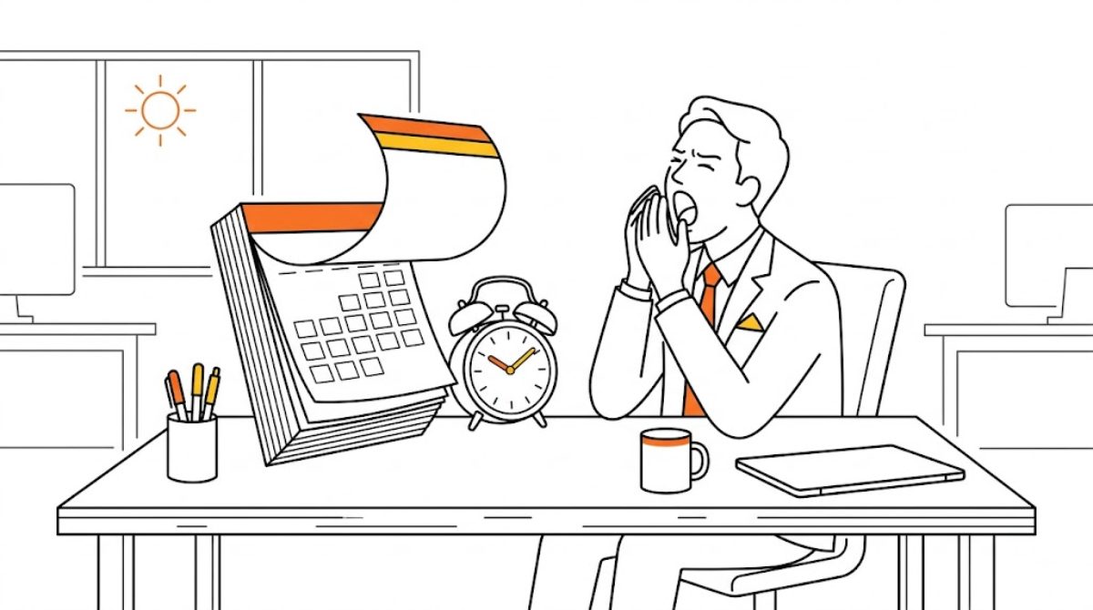 デスクで眠そうにあくびをする人物と、めくられたカレンダーのイラスト